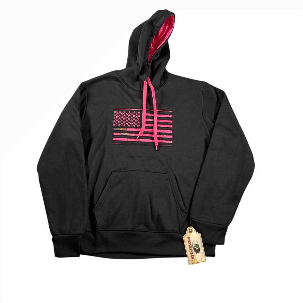 Mossy Oak Womens Small Black Pink Camo American Flag Hoodie Sweatshirt NWT